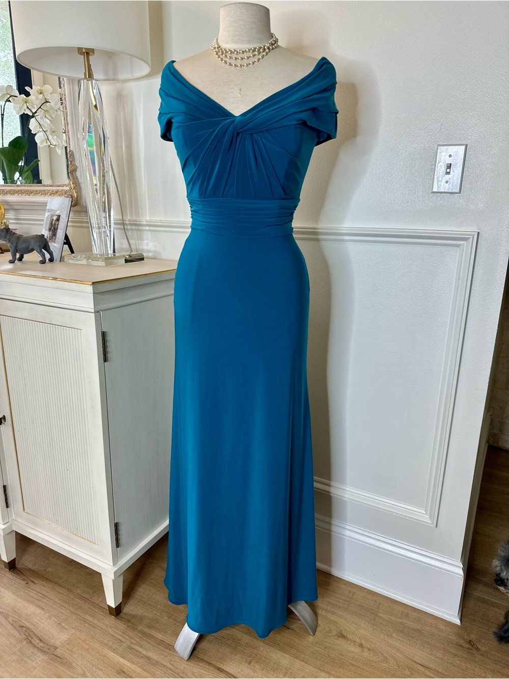 Elegant Jade Teal Off-Shoulder Twist Ruched Maxi Dress